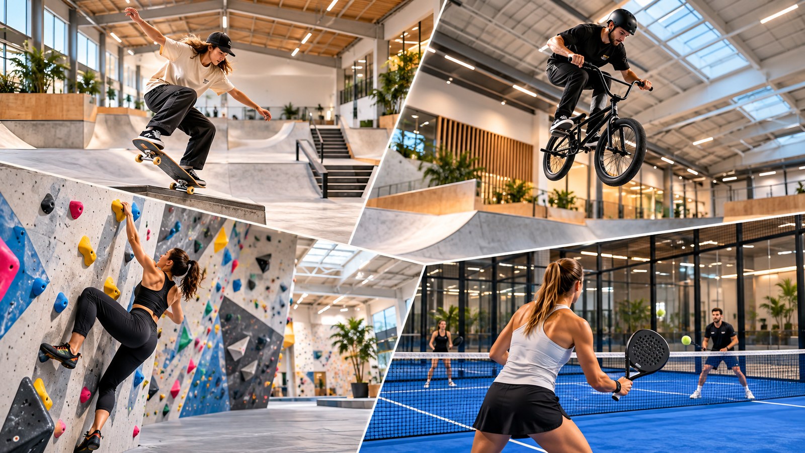 Indoor action sports collage showing skateboarding, BMX, climbing and padel
